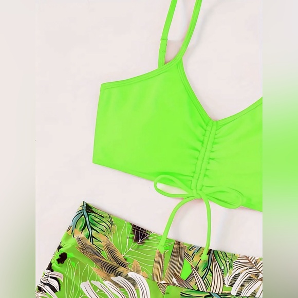 Neon Green Drawstring V Neck/Side Tie Boxer Shorts 2Pc Bikini Set - Picture 5 of 6